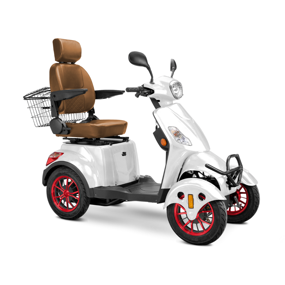 The Bespoke Prestige Recreational 4-Wheel Scooter is a white electric scooter with red rims, brown cushioned adjustable seat featuring armrests and headrest, handlebars, front light, and a metal rear basket.